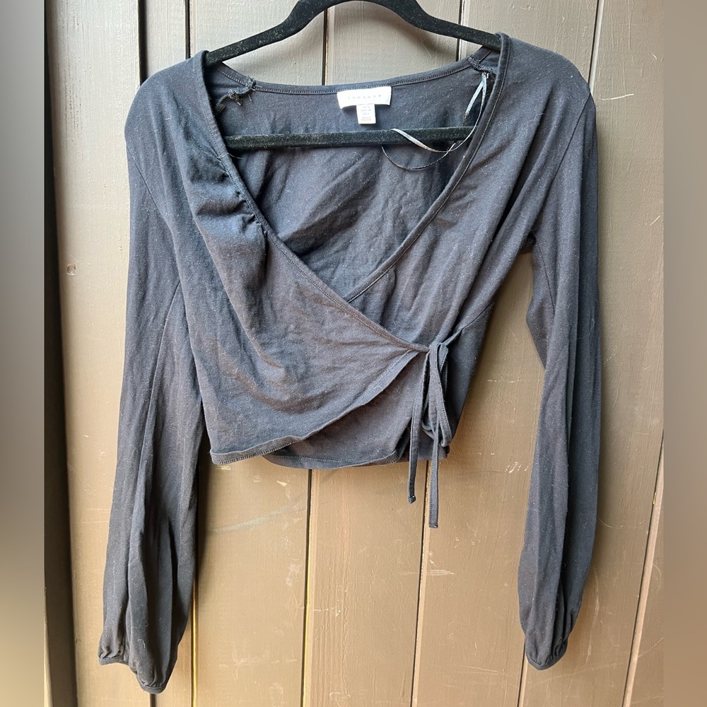 Topshop Blue Gray Wrap Crop Blouse